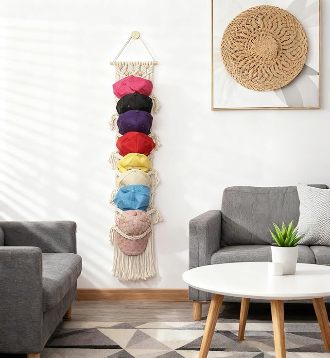 8-Tier Macrame Baseball Cap Organizer With Boho Hooks—Handwoven Boho Cap Holder,Macrame Hat Hangers-Space Saving Wall Storage for Living Room, Bedroom, Entryway