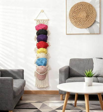 8-Tier Macrame Baseball Cap Organizer With Boho Hooks—Handwoven Boho Cap Holder,Macrame Hat Hangers-Space Saving Wall Storage for Living Room, Bedroom, Entryway