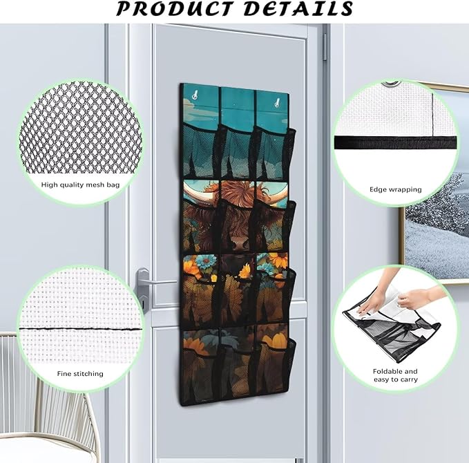 Highland Cattle Shoe Organizer Over The Door 12 Pockets Wall Hanging Storage for Closet Space Saving Over The Door Shoe Organizer Sunflowers Shoe Holder Hanger for Living Room