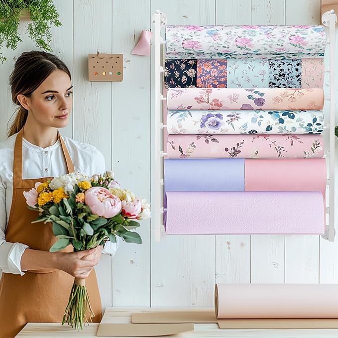 Wall Mounted Scarf Holder, Ribbon Storage Organizer, Tie Silk Towel Organiser, Multi-functional Metal Shelf, 7 Tier Metal Bow Organiser,White Ribbon Holder for Craft Rooms, Flower Shops, Offices