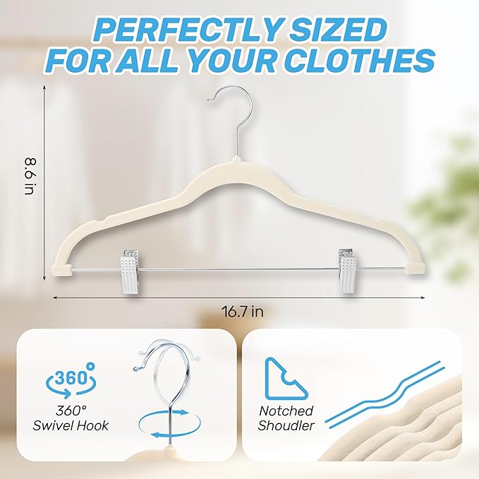 Sishynio Velvet Pants Hangers 20 Pack with Adjustable Clips, Space-Saving Slim Felt Clothes Hangers, Heavy Duty & Non-Slip Flocked Hangers for Pants, Skirts, Dresses and Jeans(Beige)
