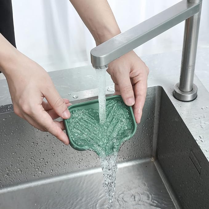 MicoYang Silicone Bathroom Soap Dishes with Drain Spout-Bathroom and Kitchen Sink Organizer,Sponge Holder,Dish Soap Tray,Perfect for Dispenser,Scrubber,Bottle,Cup on Sink or Counter-Green 4.9"×3.2"