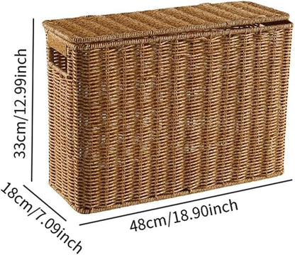 Nesting Rectangle Wicker Basket with Lid, Narrow and Tall Storage Box, Lightweight Decorative Storage Bin with Handle, Hand-Woven Magazine Holder for Bedroom Study Small Corner, L