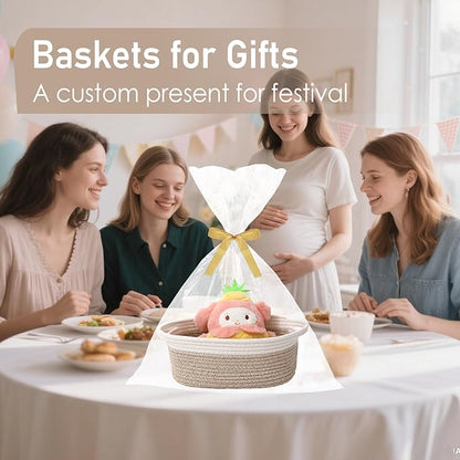 JMvicyroam Woven Basket,Small Rope Storage Bin with Handles & Ribbon Bag, Organizer for Shelves Closets,Gift Basket Empty for Birthday,Books,Dog Toys, White&Oatmeal/3 Pack