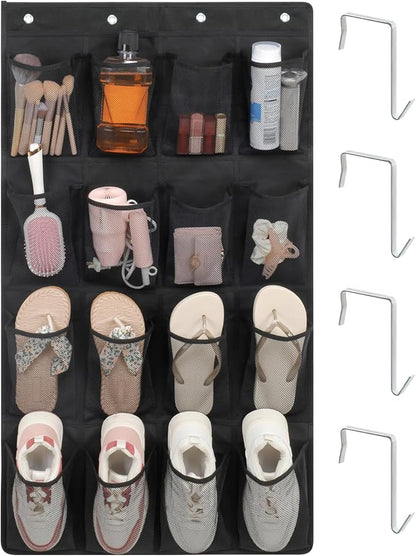 F-color 16-Pocket Hanging Organizer - Over the Door Shoe Organizer, Cruise Essentials for Cabin & RV, Breathable Mesh Storage Pockets, Space Saving Hanging Storage Holder with 4 Sturdy Metal Hooks