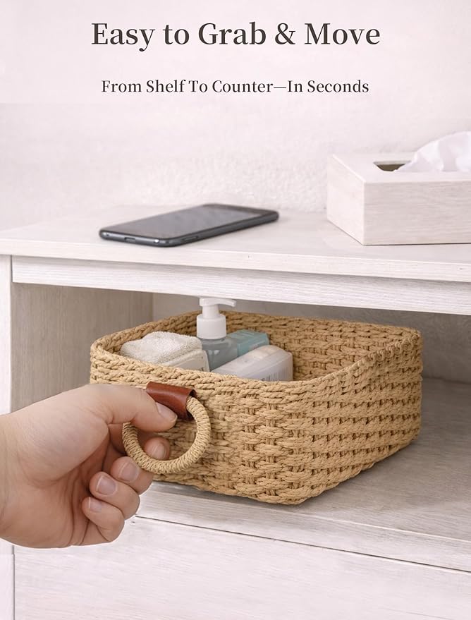 Storage Basket, Recycled Paper Rope Basket Organizer, 3Pcs Small Baskets for Organizing, Mini wicker Basket for Decorative Storage Bins, Shelves, Cabinet - Brown