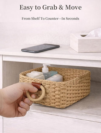 Storage Basket, Recycled Paper Rope Basket Organizer, 3Pcs Small Baskets for Organizing, Mini wicker Basket for Decorative Storage Bins, Shelves, Cabinet - Brown