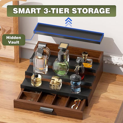 Perfume Cologne Organizer for Men: 4 Tier Wooden Perfumes Stand, Desktop Parfum Holder Wood Display Shelf with Cabinet, Bedroom Dresser Makeup Lotion Jewelry Storage Rack with Drawer