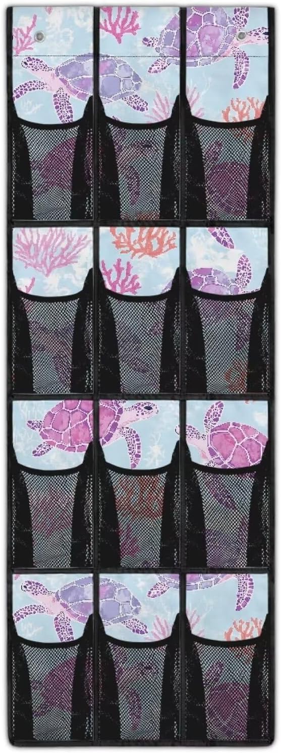 Turtle Shoe Organizer Door Hanger Heavy Duty Oxford Over the Door Organizer with 12 Large Mesh Pockets Behind the Door Rackfor Garage Laundry Bathroom Kitchen Kids Room