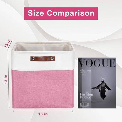 Bagnizer 13x13 Cube Storage Bins, Collapsible Fabric Storage Box, 4 Pack Closet Baskets with Handles for Organizing, Shelf, Toys, Clothes, Home, Office, Nursery (Pink&White)