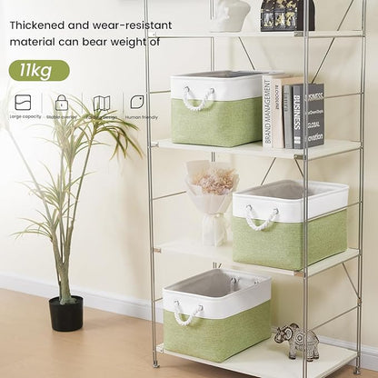 Large Storage Baskets- 15x11x10 inch Storage Bins for Shelves and Closet Organizing, Foldable Fabric Bin for Home Organization Clothes and Laundry (3-Pack, White&Green)