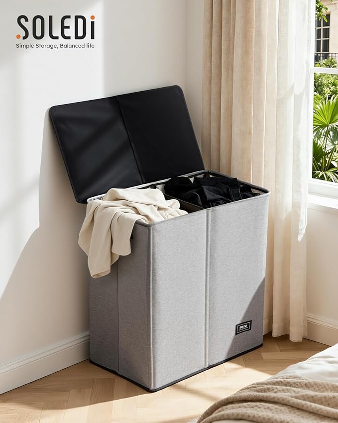 SOLEDI Large Double Laundry Hamper with Lid,165L Collapsible Clothes Hamper 2 section with Removable Bags, Space-Saving Laundry Basket for Bedroom, Dorm, College
