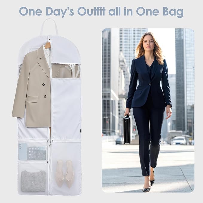 Easyo Garment Bags for Travel,60" Heavy Duty Suit Dress Garment Bag with 2 Clear Windows 3 Zipper Pockets,Dress Bags with Shoe Storage for Long Coat, Jacket, Sweater, Shirts, Suits - White