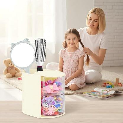Hair Accessories Organizer with Hair Brush Holder, Rotatable Makeup Brush and Jewelry Storage Box for Hair Clips, Earrings, Necklaces, Bracelets, Rings, and Daily Accessories (Off White,2-Layer)