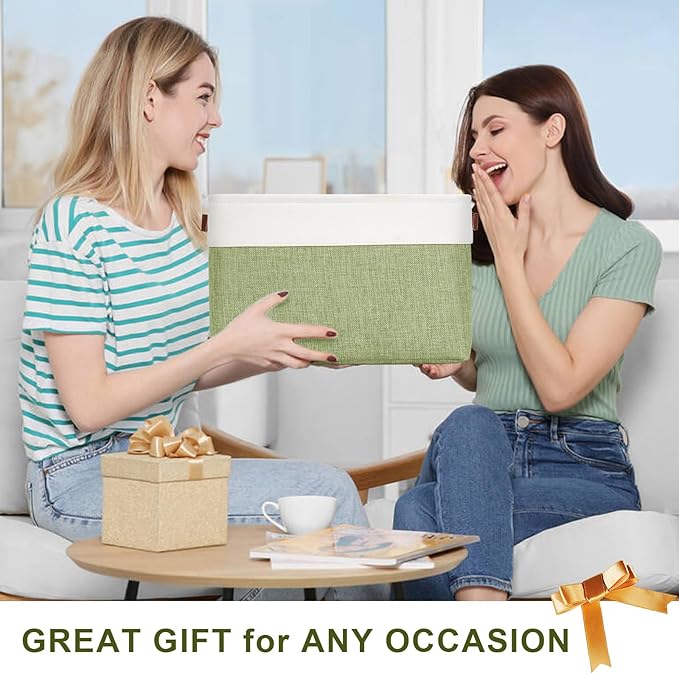 Bagnizer Storage Bins Large Fabric Storage Baskets for Shelves 3 Pack, Decorative Linen Closet Baskets with Handles for Organizing, Shelf, Clothes, Home, Office, 15x11x9.5Inches (Green&White)