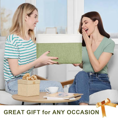 Bagnizer Storage Bins Large Fabric Storage Baskets for Shelves 3 Pack, Decorative Linen Closet Baskets with Handles for Organizing, Shelf, Clothes, Home, Office, 15x11x9.5Inches (Green&White)