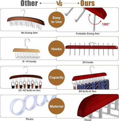 Tie Rack Hanger for Closet, 2 in 1 Belt Tie Hangers with 20 Folding Hooks, 360 Degree Rotating Wooden Tie Holder Organizer for Men Ties Belts Scarves Tank Tops Accessories, Walnut (2 Pack)