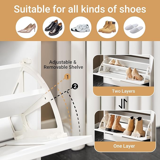 Haotian Shoe Cabinet Storage for Entryway, Narrow Shoe Cabinet with Two Flip Drawers to Save Space, Shoe Rack Cabinet for Front Door Entrance Hallway (White)