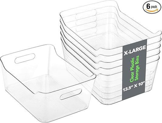 Tiawudi 6 Pack Plastic Storage Bins, Extra Large Pantry Organizer, 13.5" x 10" Clear Storage Containers and Organizer Bins, Multi-Use Bins for Home, Kitchen, Closet and Cabinet