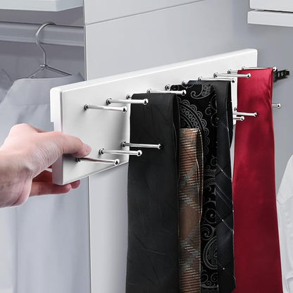 Wood Pull Out Belt Rack for Closet, 21 Tie Hanger Extending Sliding Tie Rack Hanger, Side Mount Sliding Rail Organizer Storage Rack Holder with 21 Hooks for Ties Scarves Belts Shawls, White