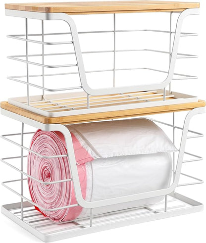 ALOCEO 2 Pack Potato and Onion Storage Bins, Large Trash Bag Holder Under Sink with Bamboo Top, Stainless Steel Pantry Organizers Storage, Kitchen Counter, White