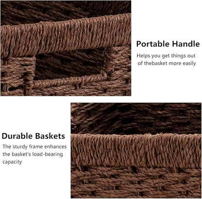 joybest Dark Brown Wicker Baskets for Shelves, 13.4L x 8.3W x 7.1H inch Hand-woven Storage Baskets for Pantry Organizing, Foldable Rectangular Bin with Handles, 2-pack