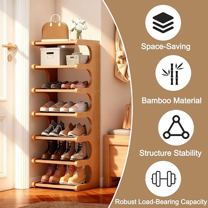 Vertical Shoe Rack 7 Tier, Bamboo Narrow Shoe Rack for Small Spaces, Freestanding Shoe Storage Organizer for Entryway Closet, Space Saving Skinny Shoe Shelf