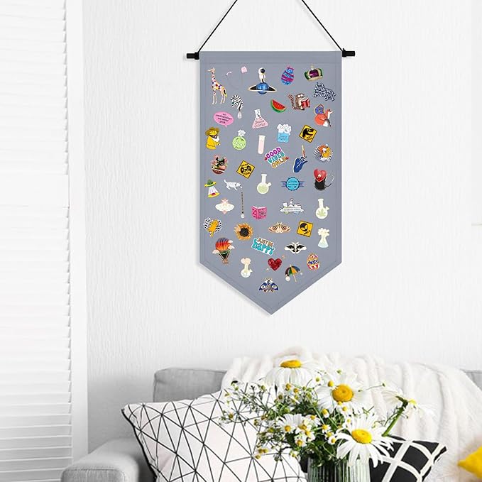 Kunyeah Wall Hanging Brooch Organizer Storage Case Colorful Canvas Pin Board Stand Enamel Pin Badge Hanging Holder Display Banner Earrings Collection Holder - Pins No Included (Gray)