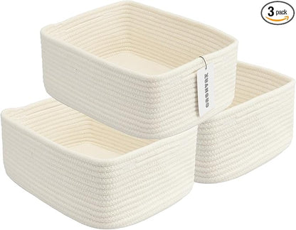 XUANGUO Small Woven Storage Baskets 13“X9”X5“ Decorative Rope Bins for Organizing Shelves, Closets, and Toys, Empty Gift Baskets, Cute Organizer Basket for Home and Office White Large