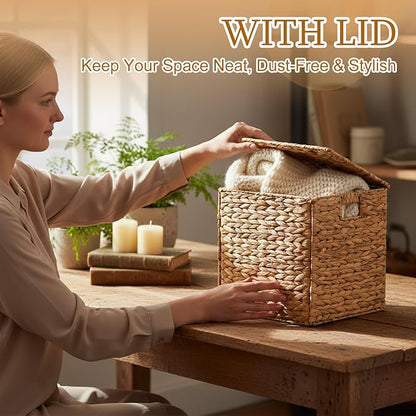 Jinei 6 Pcs Wicker Storage Basket with Lid Bulk 12 x 12 x 12 Inch Handwoven Water Hyacinth Cube Bin with Handles Woven Laundry for Organizer Shelves Wood Color