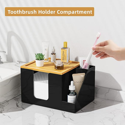 VITVITI Disposable Face Towel Holder Box, Acrylic Clean Skin Club Facial Towel Container with Toothbrush Holders, Large Disposable Face Towels Storage for Bathroom Vanity Makeup, Black