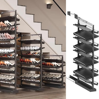 Pull-Out Shoe Rack Organizer for Closet Shoe Cabinet,Adjustable Height Retractable Metal Stackable Shoe Rack, Vertical Shelf Organizer for Small Bedroom Closet, Space Saving Storage, Black(43cm,9 Tier