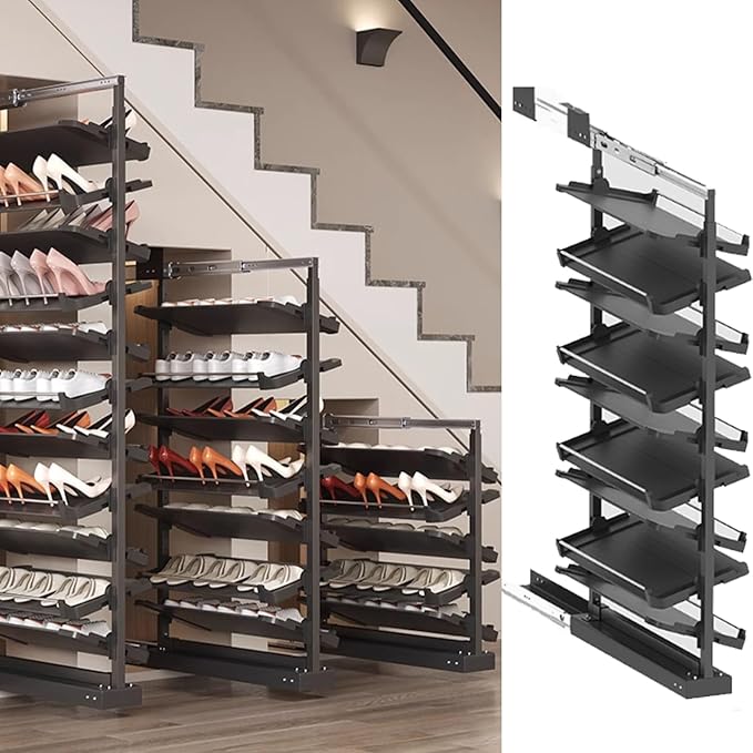 Pull-Out Shoe Rack Organizer for Closet Shoe Cabinet,Adjustable Height Retractable Metal Stackable Shoe Rack, Vertical Shelf Organizer for Small Bedroom Closet, Space Saving Storage, Black(50cm,9 Tier