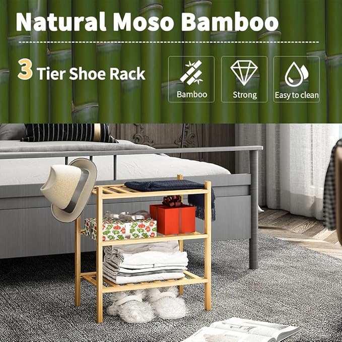 3-Tier Small Shoe Rack for Entryway, Stackable | Heavy Duty | Multi-Function, Bamboo Free Standing Shoe Racks for Bedroom Hallway Closet