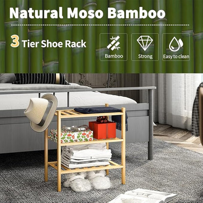 3-Tier Small Shoe Rack for Entryway, Stackable | Heavy Duty | Multi-Function, Bamboo Free Standing Shoe Racks for Bedroom Hallway Closet