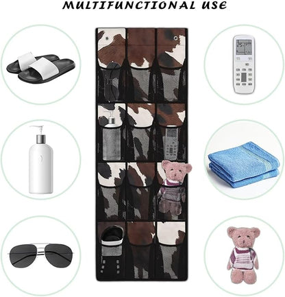 Cowhide Over Door Pet Supply Organizer - 12 Pockets for Treats, Toys, Leashes - Odor-Resistant & Washable