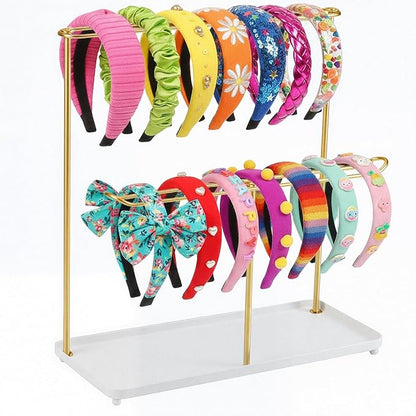 Headband Holder Organizer Metal 2-Tier with Tray, Necklace Storage Hairband Rack Hair Accessories Display Stand Stand Home Bedroom College Dorm Decor for Girls Women (Gold)