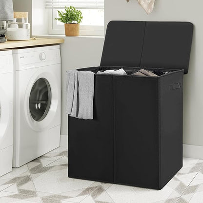 WOWLIVE 180L Double Laundry Hamper with Lid and Removable Laundry Bags, Large Dirty Clothes Hamper 2 section Collapsible Laundry Basket Dorm Room Storage for Bedroom, Bathroom, College,Black