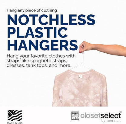 Homeselect 50 Pk Plastic Clothes Hangers Made in USA, No Shoulder Bumps, Space Saving, Hooks for Dresses and Strap, White, 6lb Capacity
