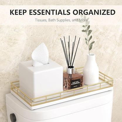 Toilet Paper Basket Organizer – Oak Wood Toilet Tank Tray with Metal Frame, Bathroom Counter Top Storage for Toilet Paper, Wipes & Decor, Modern Narrow Back of Tank Shelf Organizer, Gold & White