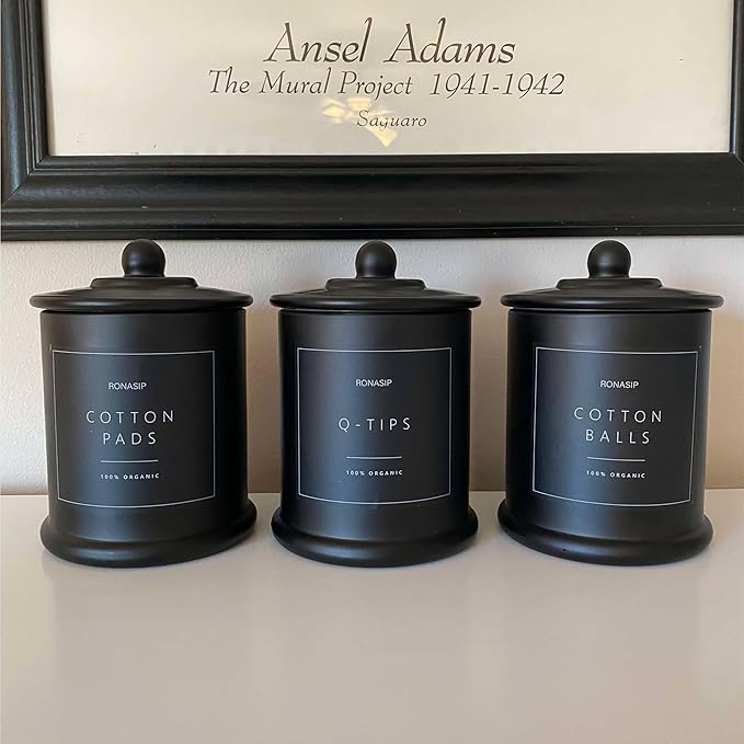 Ronasip 3 Pack Qtip Holder Dispenser, 16oz Bathroom Organizer and Storage Canisters, Glass Apothecary Jars with Lid - Home Decor, Room Decor Aesthetic (Black)