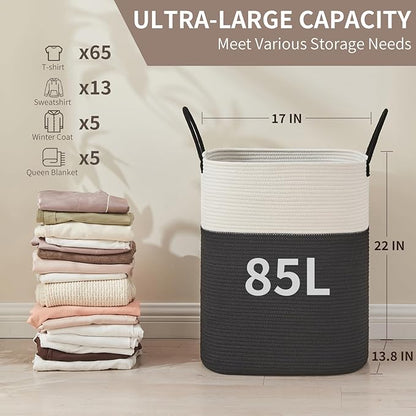 AINUOQI Laundry Basket with Handles - Blanket Basket & Hampers for Bedroom Aesthetic, Laundry Hamper & Blanket Storage for Living Room, Clothes Hamper, Tall, Large 17" x 14" x 25”, White & Black