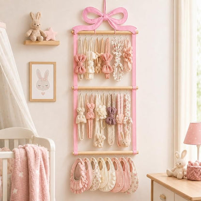 Sliner Pink Bow Hanging Jewelry Organizer Coquette Necklace Holder Wall Mounted with 30 Hooks Jewelry Hanger over Door Necklace Rack for Earrings Bracelets Headband Rings Women Bedroom Decor