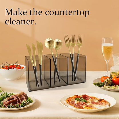 Acrylic Cutlery Organizer, 3-Sectio Clear Plastic Utensil Storage Caddy for Kitchen Countertop, Holds Forks, Knives & Spoons (Transparent gray, 7.1 * 2.6 * 3.5In)