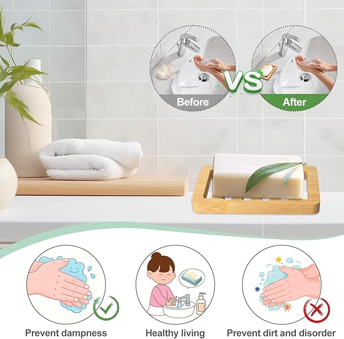 Natural Bamboo Soap Dish and Holder Elegant Design Self Draining Soap Tray for Shower Bar Soap Holder Perfect for Bathroom Sink and Kitchen