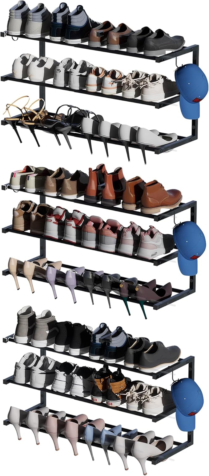 3 Pack Wall Mounted Shoe Rack, 3 Tier Hanging Shoe Rack Holds 36 Pairs, 17"-30"Adjustable Heavy Duty Metal Shoe Organizer Holder with 6 Storage Hooks, Space Saving for Closet Entryway Doorway（Black)