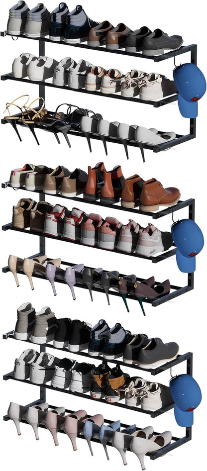 3 Pack Wall Mounted Shoe Rack, 3 Tier Hanging Shoe Rack Holds 36 Pairs, 17"-30"Adjustable Heavy Duty Metal Shoe Organizer Holder with 6 Storage Hooks, Space Saving for Closet Entryway Doorway（Black)