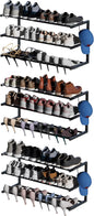 3 Pack Wall Mounted Shoe Rack, 3 Tier Hanging Shoe Rack Holds 36 Pairs, 17"-30"Adjustable Heavy Duty Metal Shoe Organizer Holder with 6 Storage Hooks, Space Saving for Closet Entryway Doorway（Black)
