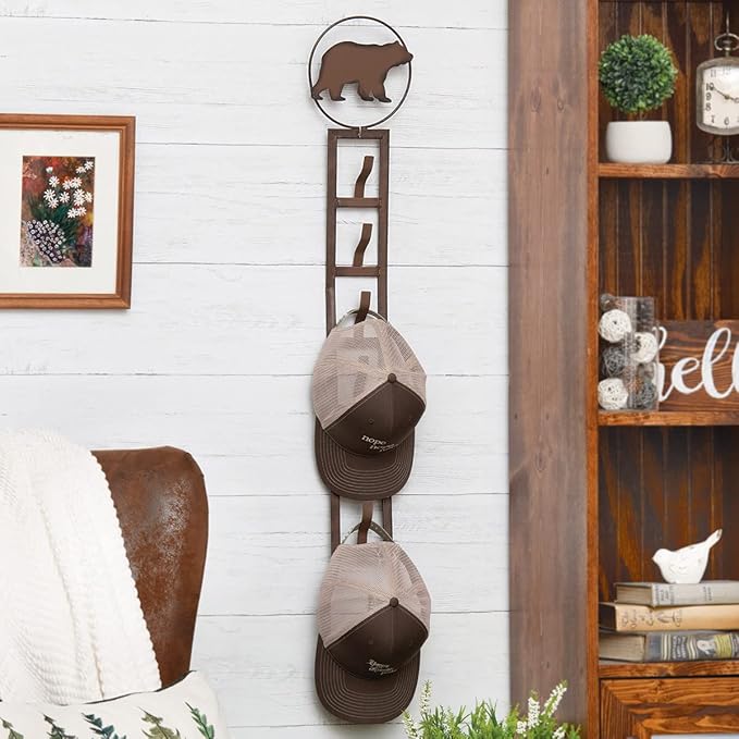 BLACK FOREST DECOR Rustic Metal Wall Cap Holder with Bear Design - Lodge Hat & Cap Rack