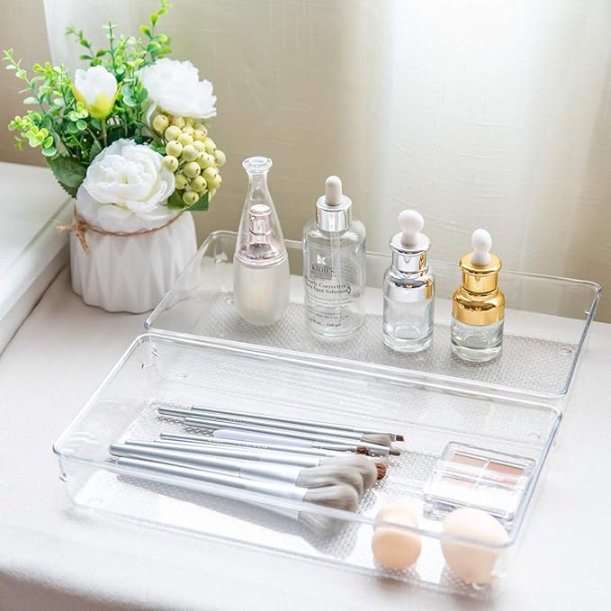 3 Pack Large Clear Plastic Drawer Organizer Tray Cutlery Utensil Makeups Drawer Organizers 12" X 6"
